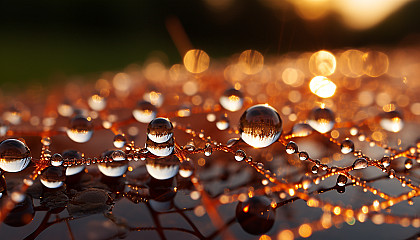 Macro view of dewdrops on a spider's web, reflecting the morning sun.