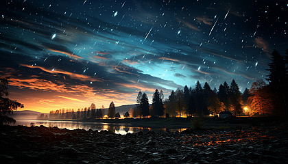 A meteor shower lighting up the night sky with streaks of color.