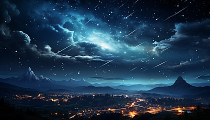 A meteor shower streaking across the night sky.