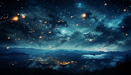 Meteor shower streaking across a dark night sky, filled with stars.