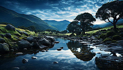 The Milky Way stretching across the night sky above a serene landscape.