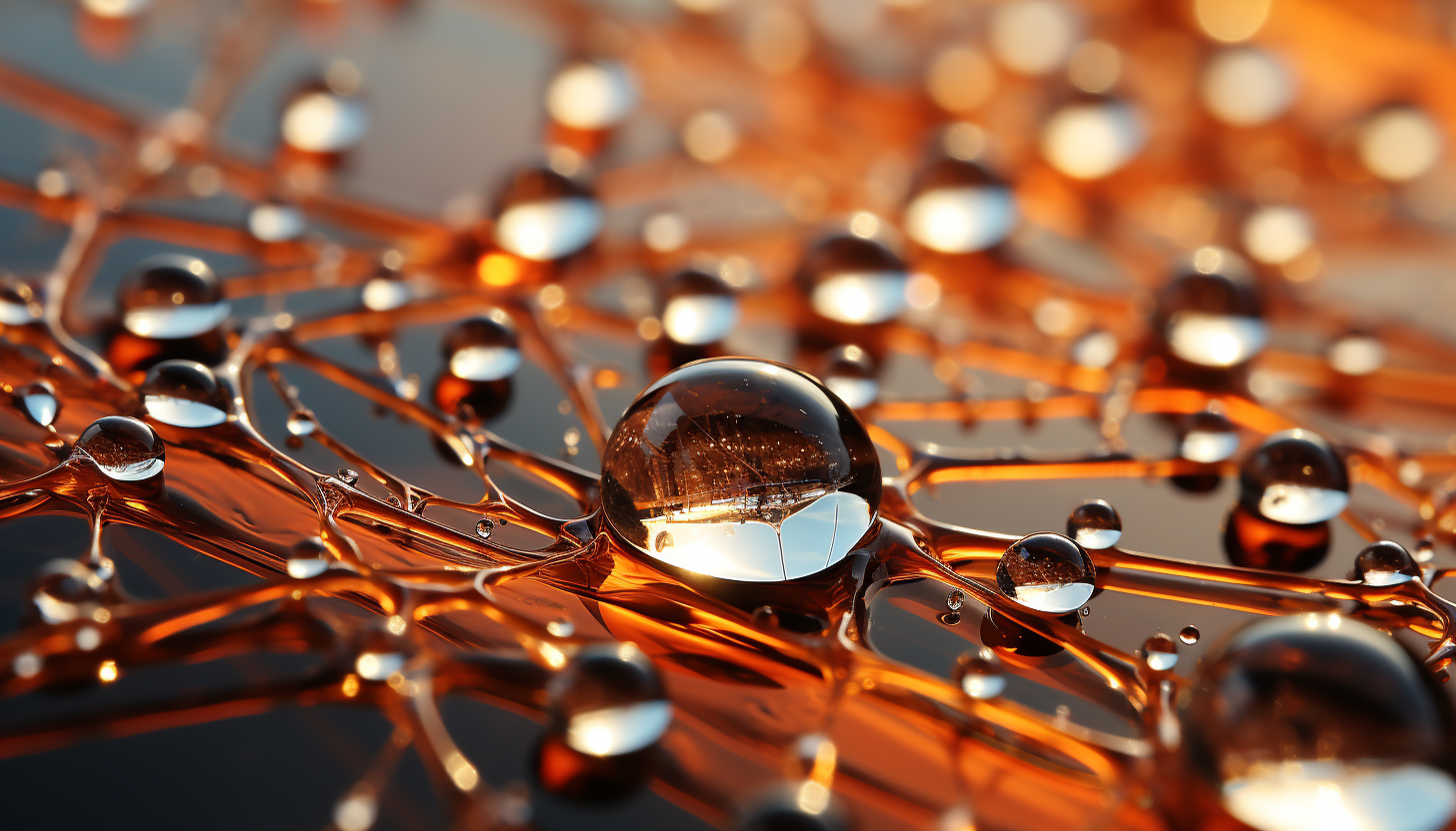 Close-up of dewdrops on a spider's web, reflecting the morning sun.