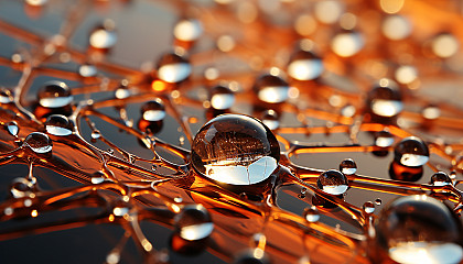 Close-up of dewdrops on a spider's web, reflecting the morning sun.