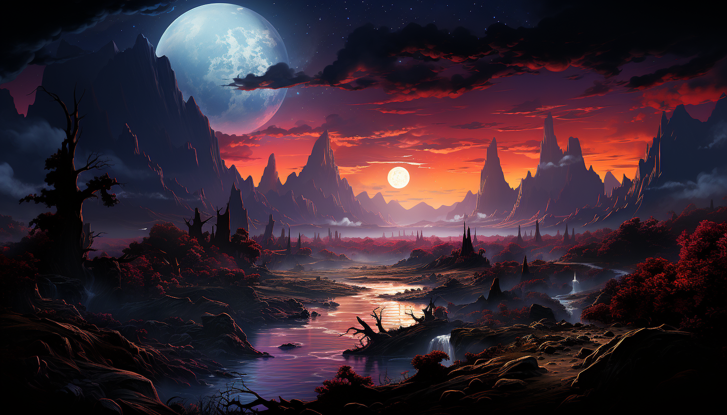 The surface of a distant planet, portrayed with imagined vivid colors and landscapes.