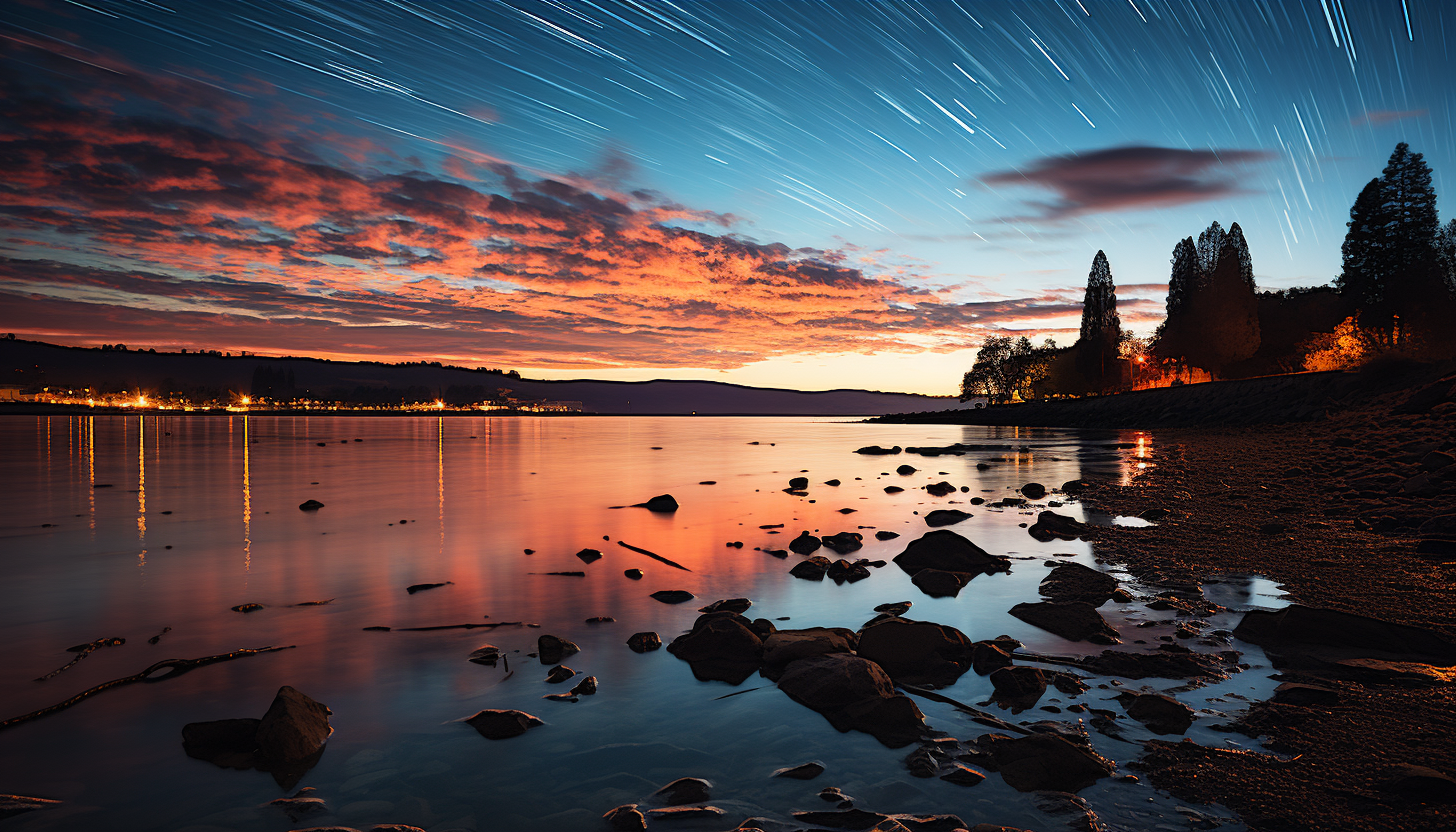 Star trails captured in a long-exposure shot, swirling around the night sky.