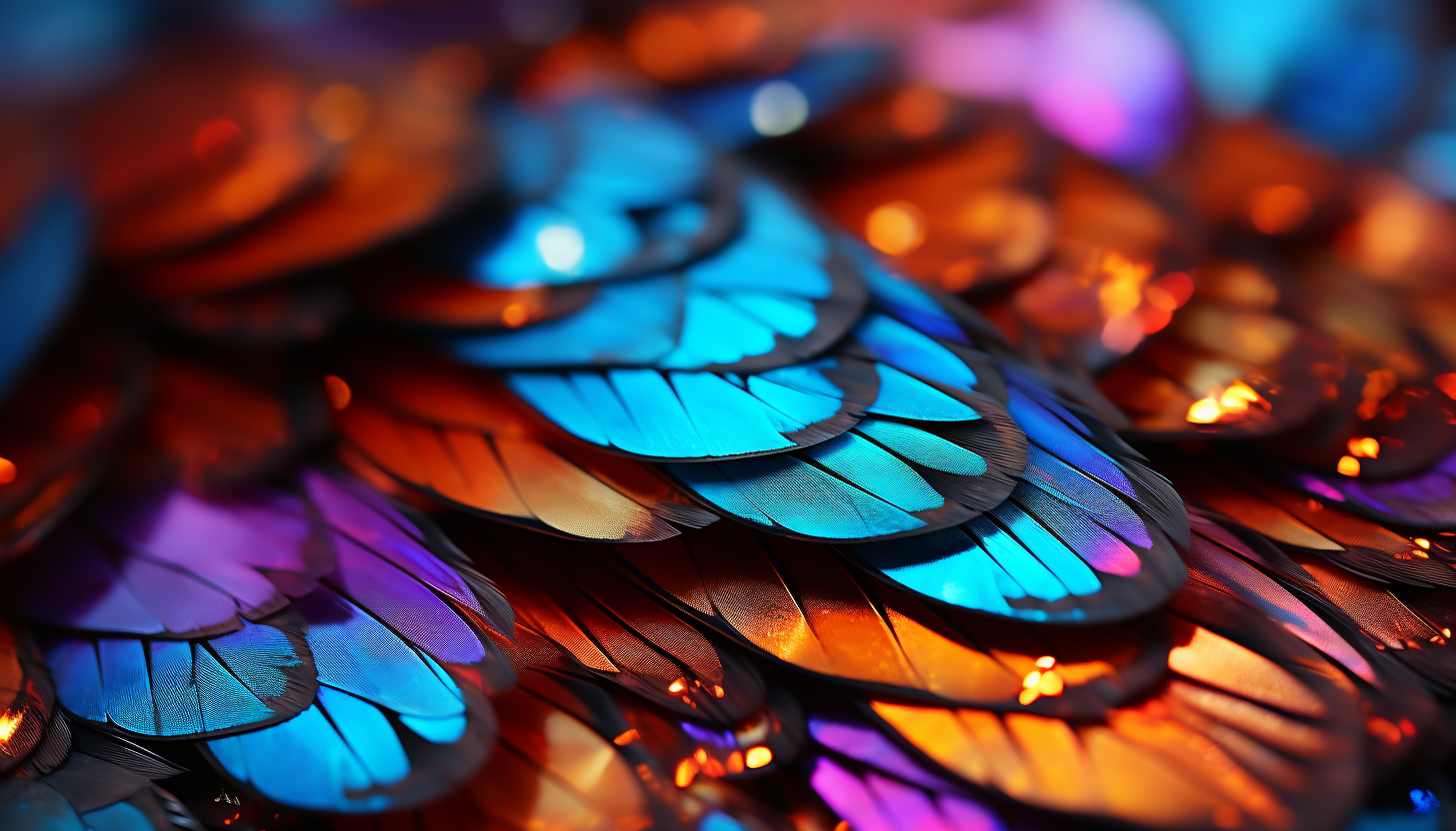 Macro shot of a butterfly wing, displaying its intricate scales and vivid colors.