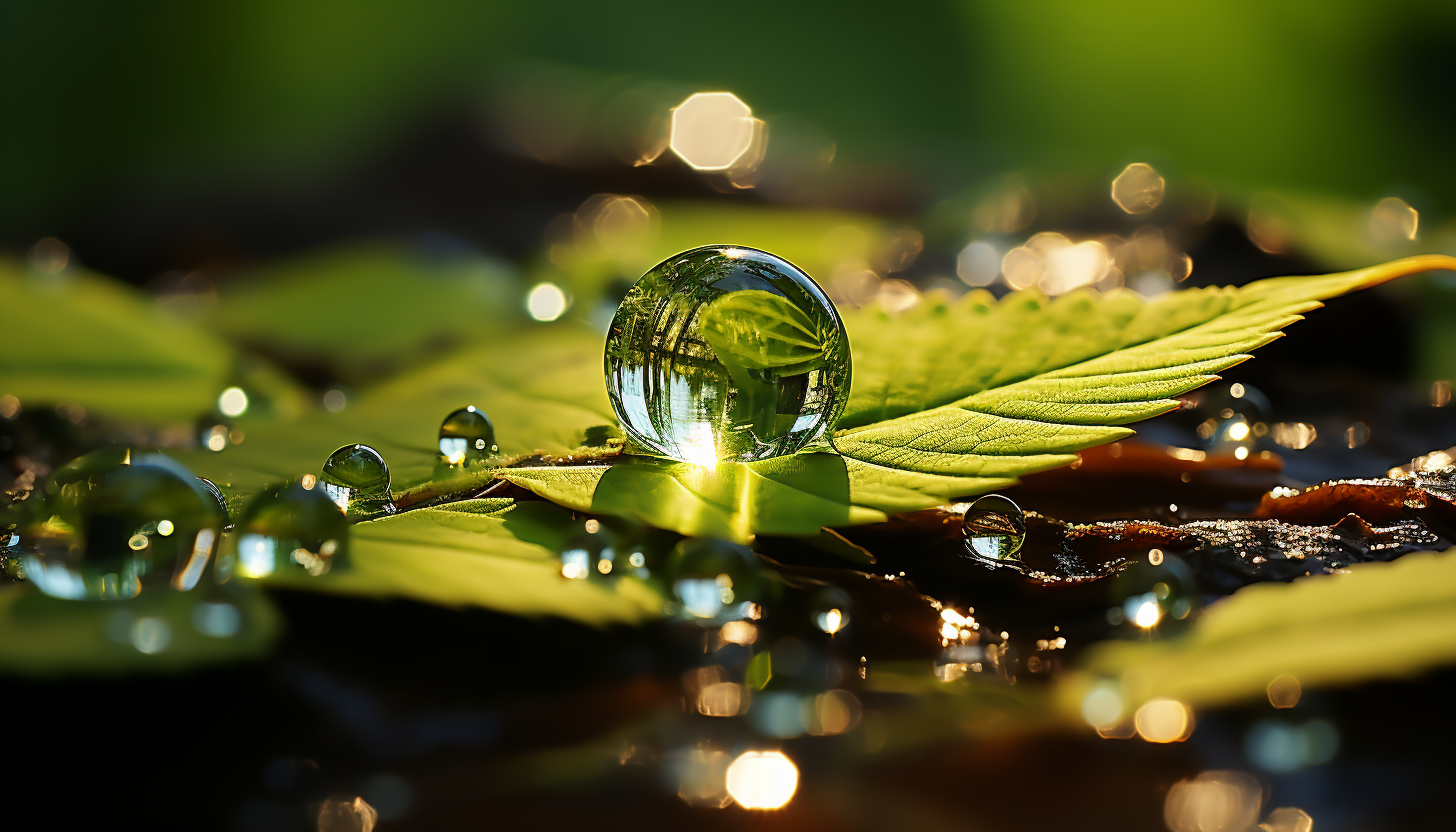 Close-up of a dewdrop on a leaf, reflecting the world within.