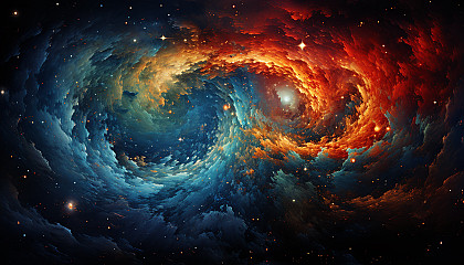 A spiral galaxy seen from afar, with arms of stars and vibrant colors.