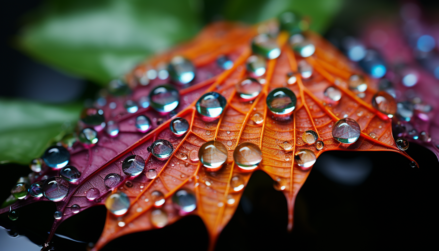 A close-up of dew drops on a spider's web, reflecting the colors of a garden.