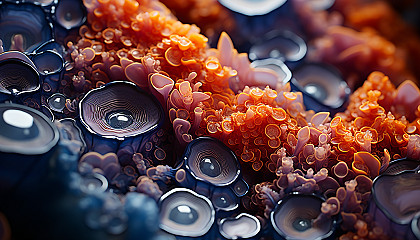 Close-up of crystallized minerals forming abstract, colorful patterns.