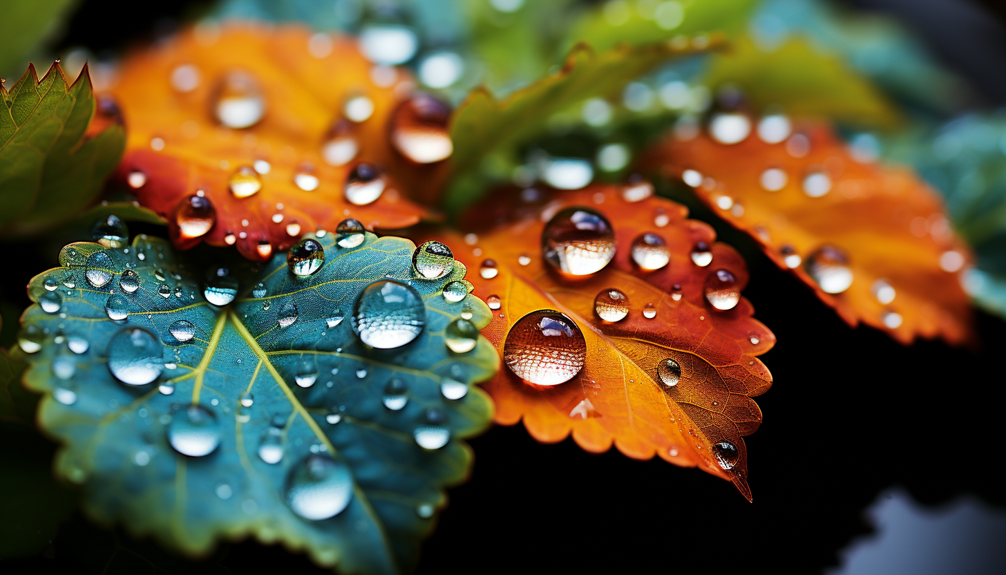 Close-up of dewdrops reflecting a kaleidoscope of colors on a leaf.