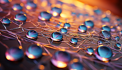 Close-up of dewdrops on a spider web, reflecting the colors of dawn.