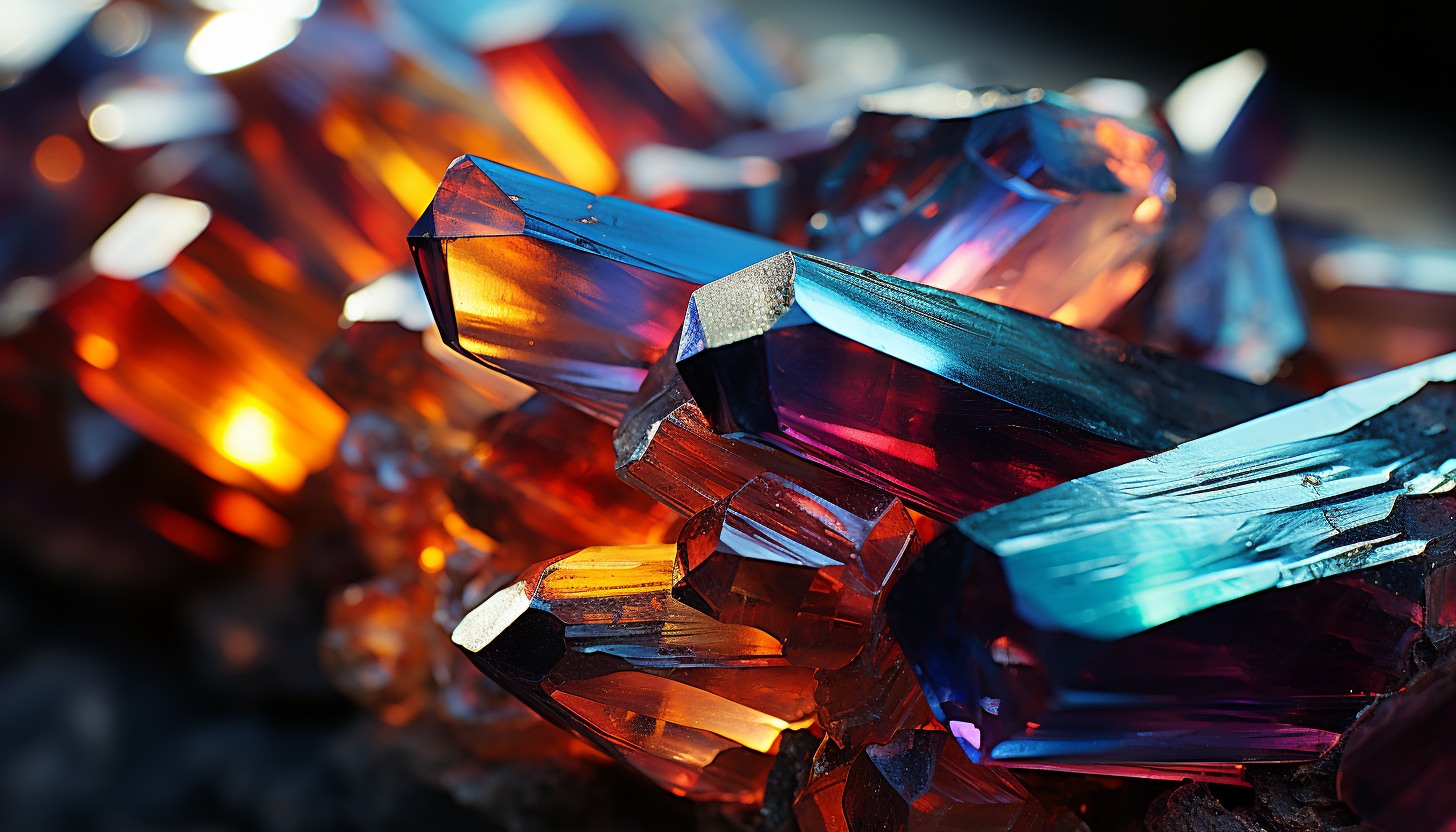 Close-up of a crystalline formation reflecting a rainbow spectrum.