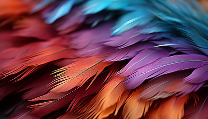 A detailed macro of a vividly colored feather, showing individual barbs.