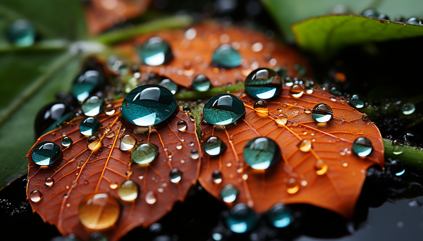 A close-up of dew drops on a spider's web, reflecting the colors of a garden.