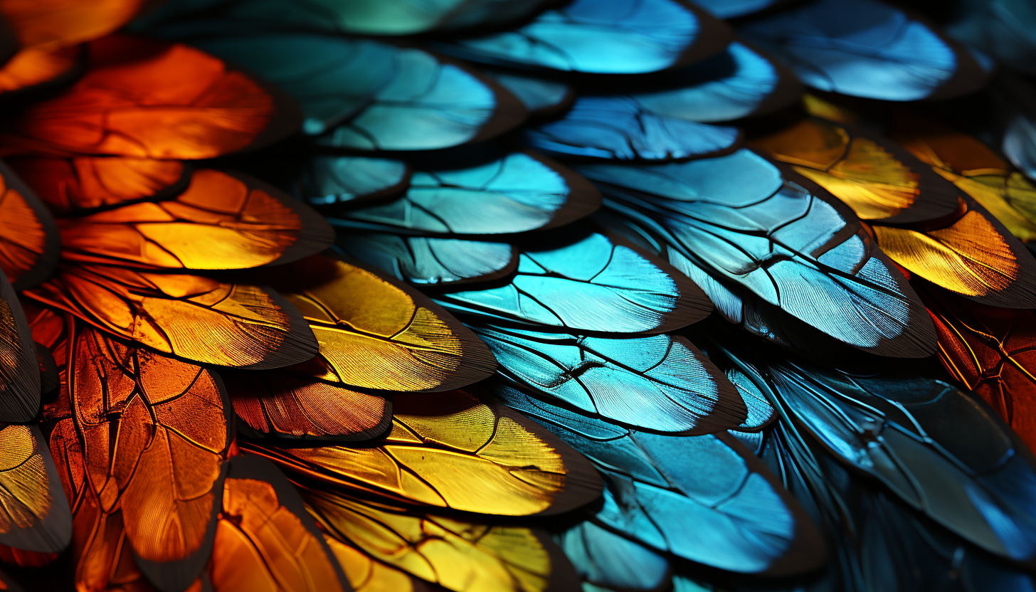 Macro view of a butterfly's wing, showing intricate patterns and colors.