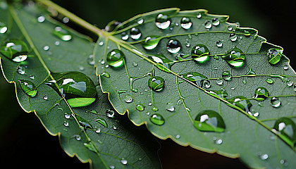 Close-up of a dewdrop magnifying intricate leaf details.