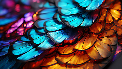 Macro shot of a butterfly wing, displaying its intricate scales and vivid colors.