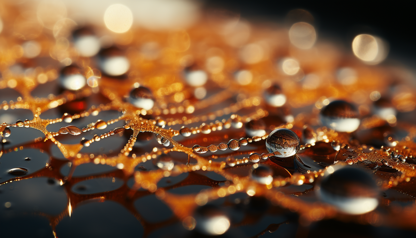 Close-up of a dew-kissed spider web shimmering in the morning sun.