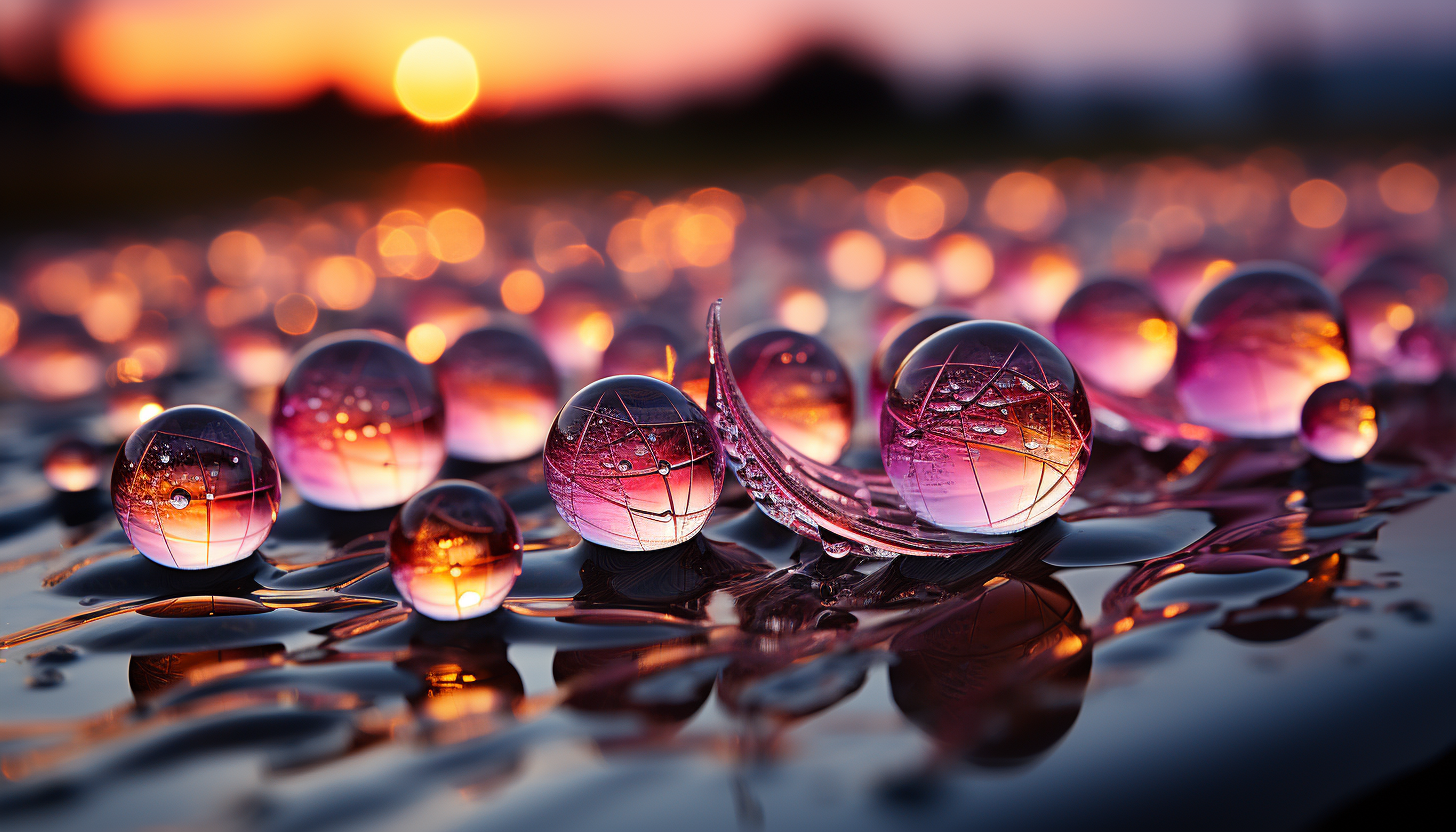 Close-up of dewdrops on a spider web, reflecting the colors of dawn.