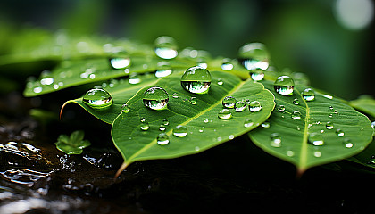 Macro view of a dewdrop on a leaf, reflecting the surrounding flora.