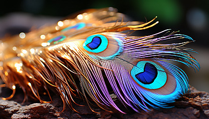 The iridescent sheen of a peacock feather captured in stunning detail.