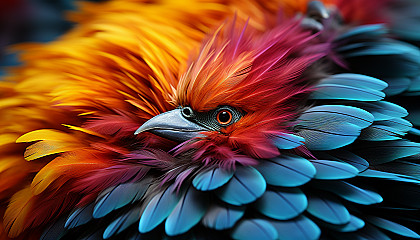 Close-up of a hummingbird's feathers, showcasing their radiant colors.