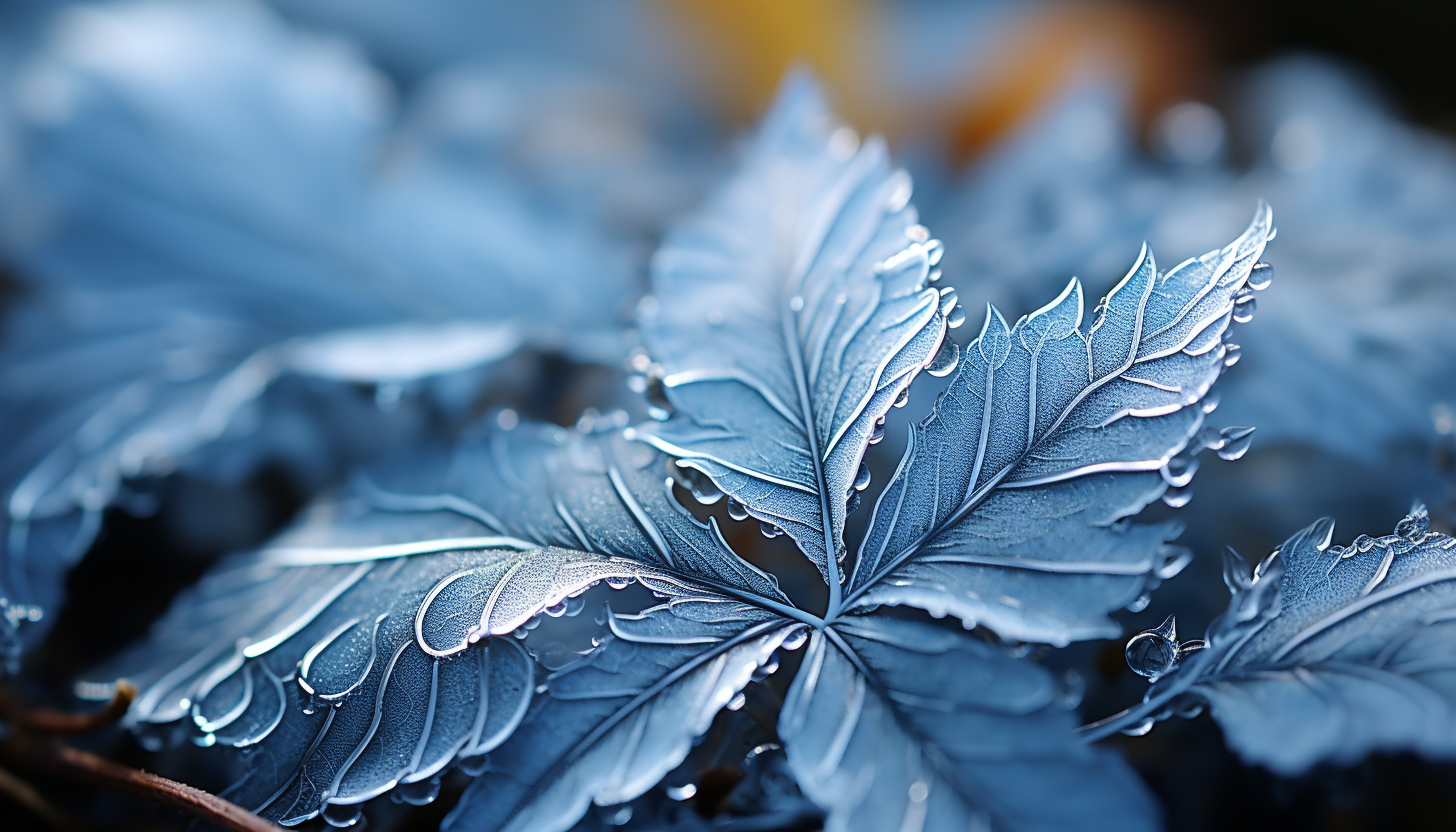 A macro view of frost forming unique designs on a leaf or window.