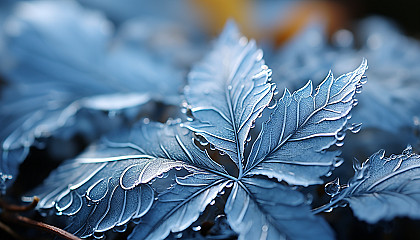 A macro view of frost forming unique designs on a leaf or window.