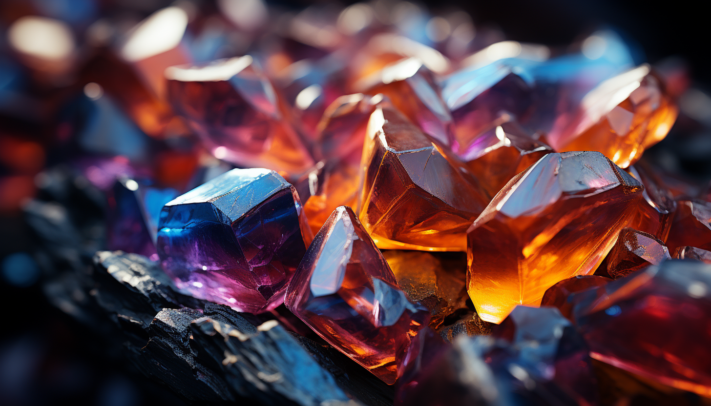 Macro view of a crystal, showcasing its complex structure and prismatic colors.