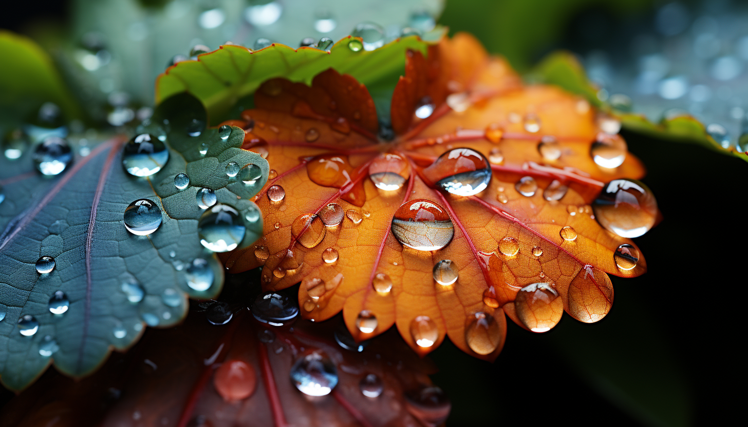 Close-up of dewdrops reflecting a kaleidoscope of colors on a leaf.