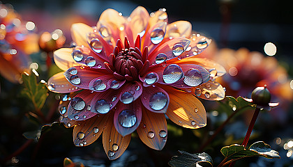 A close-up of dewdrops on a vibrant flower, reflecting the morning sun.