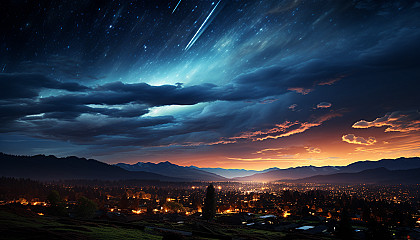 A vibrant meteor shower streaking across the night sky.