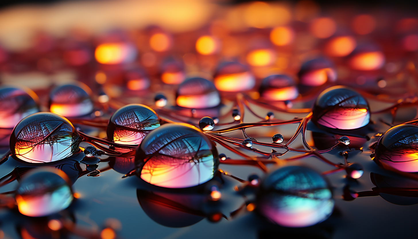 Close-up of dewdrops on a spider web, reflecting the colors of a sunrise.