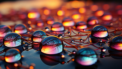 Close-up of dewdrops on a spider web, reflecting the colors of a sunrise.