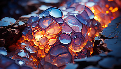 A macro view of crystalline formations in a geode, reflecting light in vibrant hues.