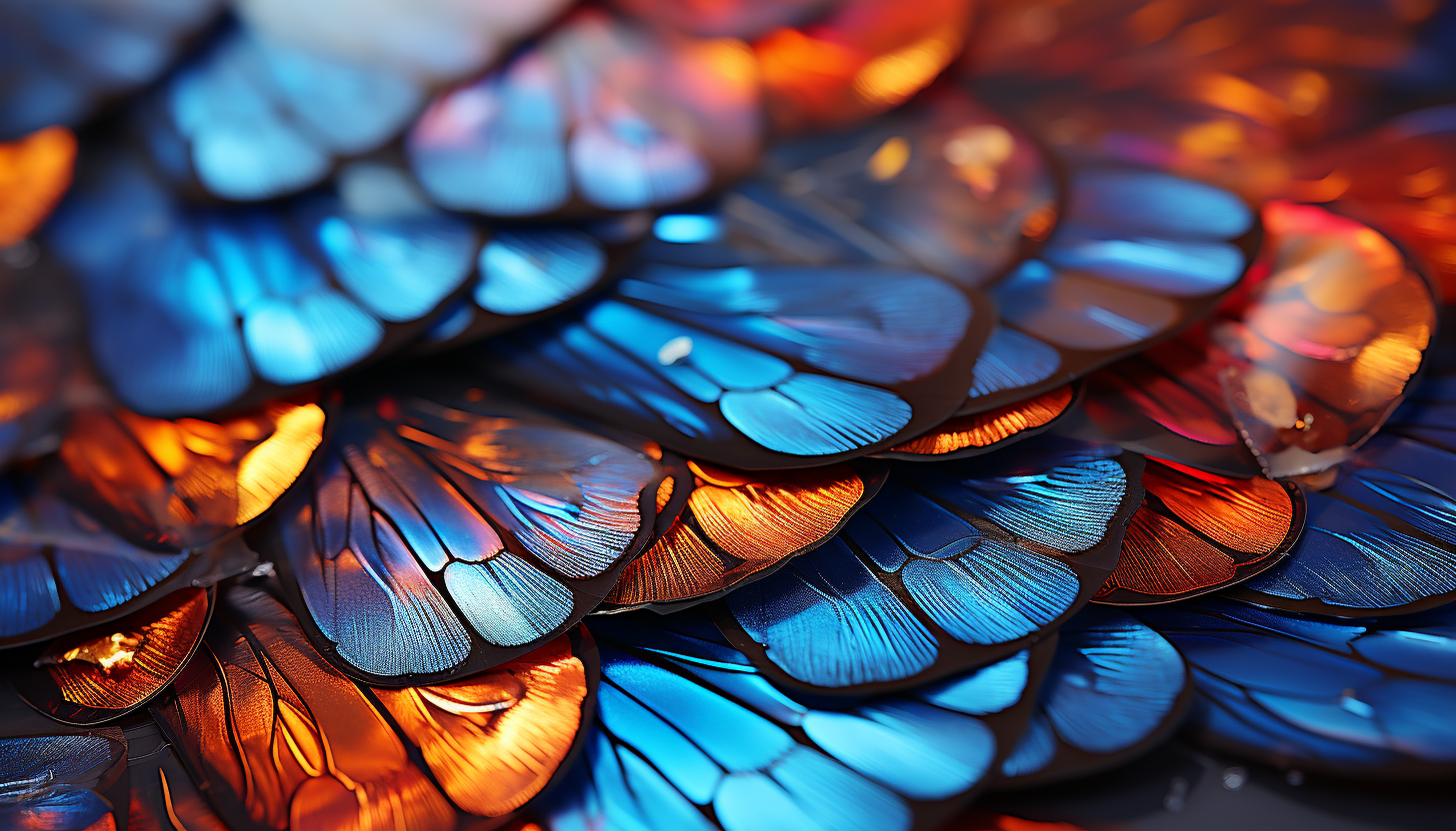 An extreme close-up of a butterfly wing, showcasing intricate patterns and colors.