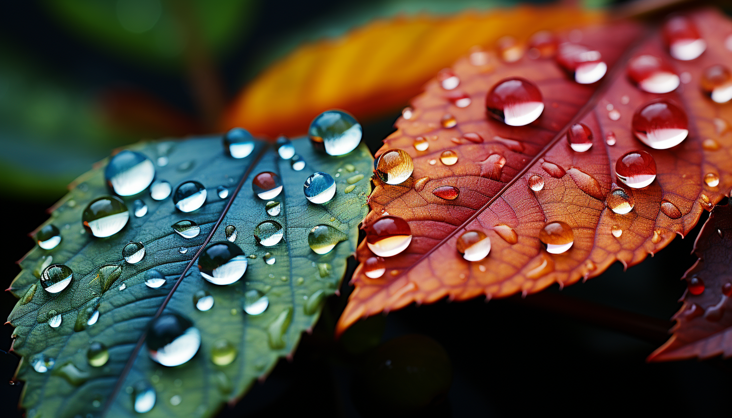 Close-up of dewdrops reflecting a rainbow of colors on a leaf.