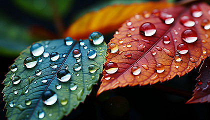 Close-up of dewdrops reflecting a rainbow of colors on a leaf.