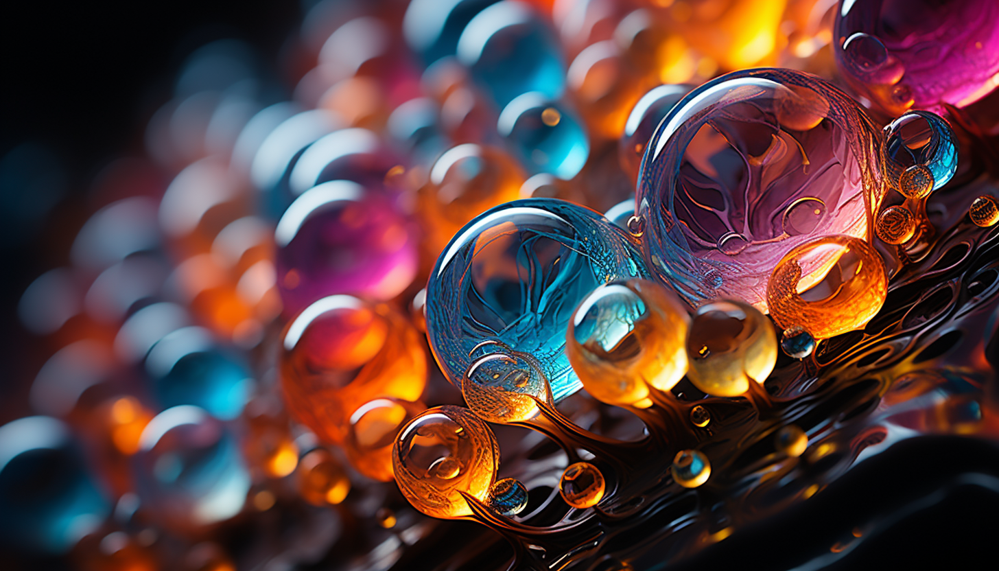 Close-up of iridescent bubbles, capturing a rainbow of colors.