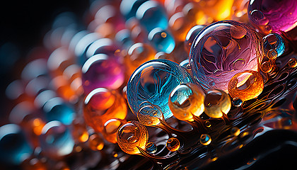 Close-up of iridescent bubbles, capturing a rainbow of colors.