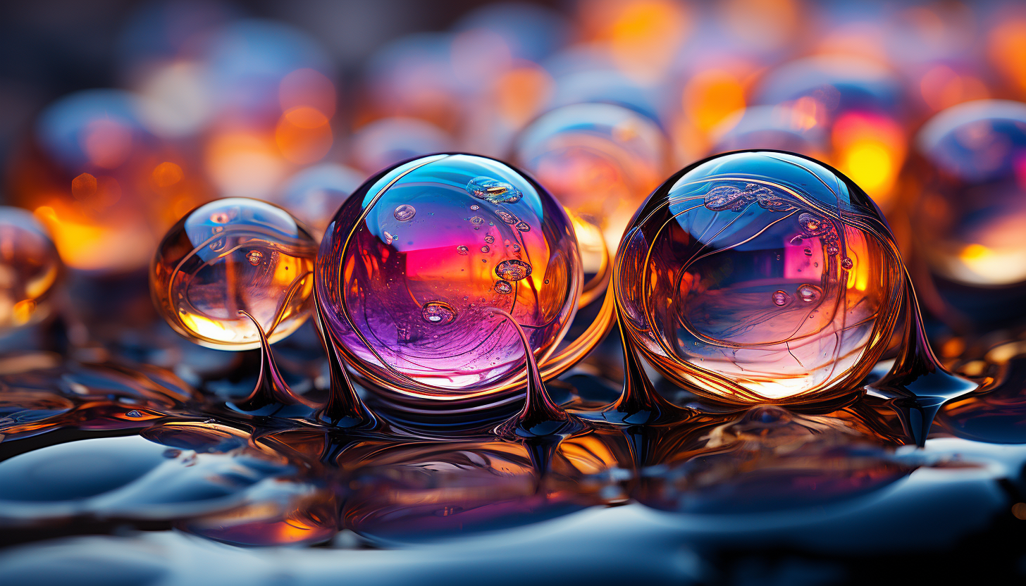 Macro view of iridescent soap bubbles reflecting a kaleidoscope of colors.