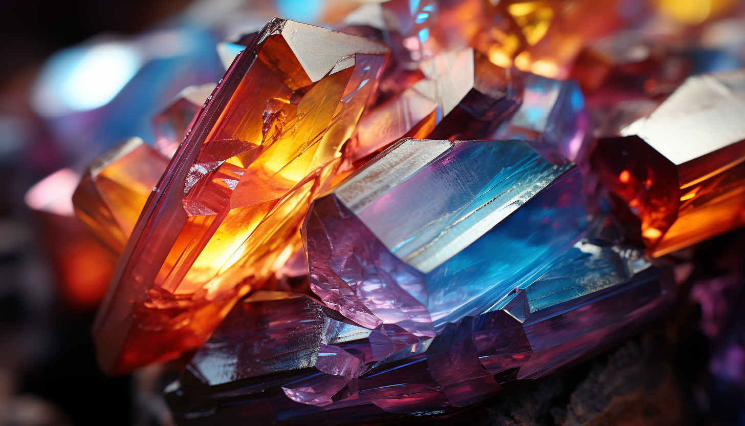 Close-up of a crystalline formation reflecting a rainbow spectrum.