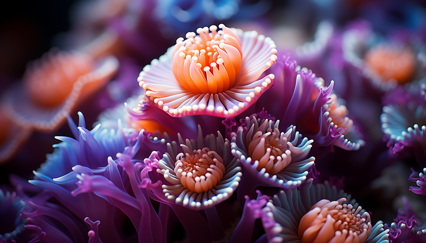 Close-up of colorful coral polyps thriving in a reef.