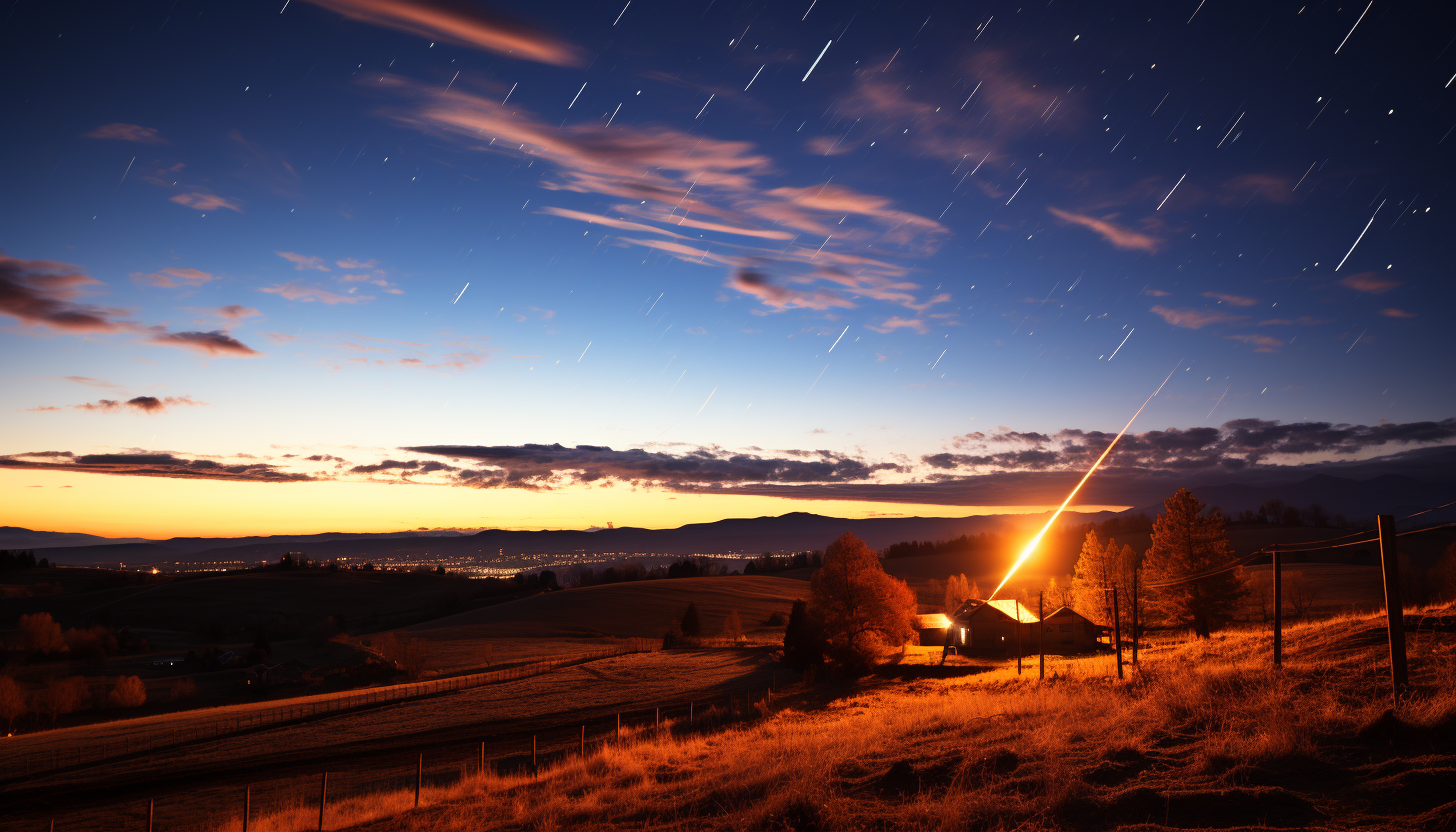 A meteor shower streaking across the night sky.