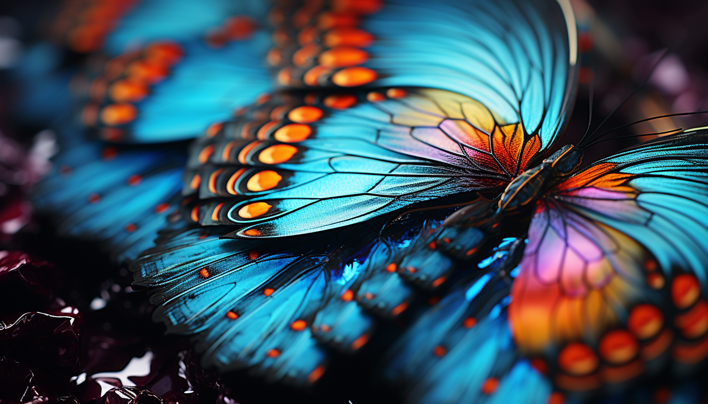 Macro view of butterfly wings, revealing intricate patterns and vivid hues.