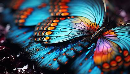 Macro view of butterfly wings, revealing intricate patterns and vivid hues.