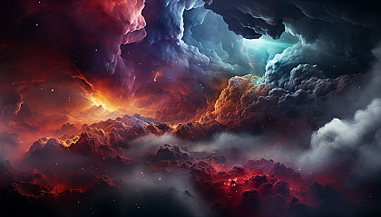 Nebula clouds in space, bursting with vibrant colors and shapes.
