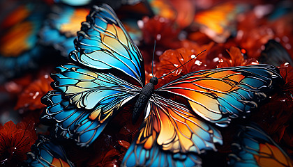 Close-up of butterfly wings revealing intricate patterns and vivid colors.