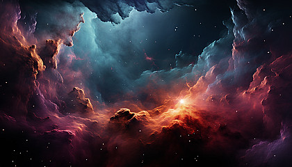 A vibrant nebula in deep space, filled with colors and celestial formations.